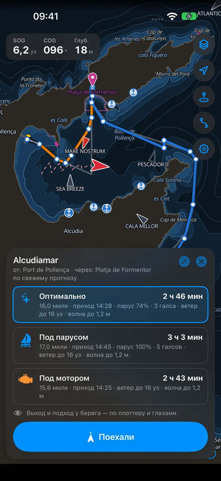 Phone screen: Chart and routes