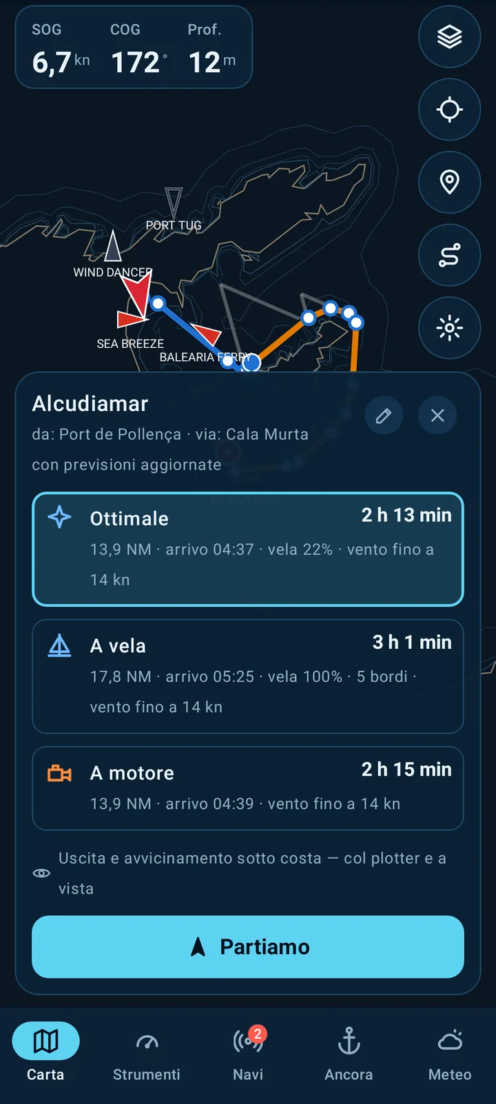 Schermata del telefono: Carta e rotte