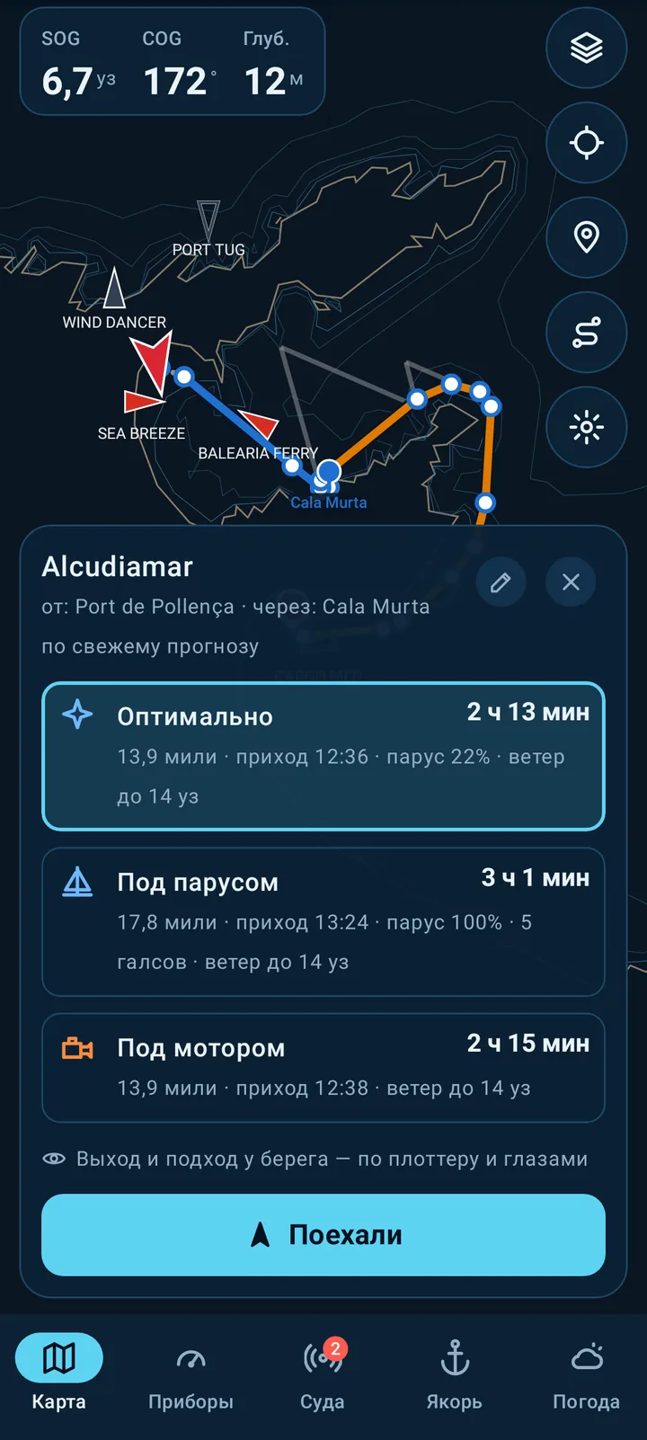 Phone screen: Chart and routes