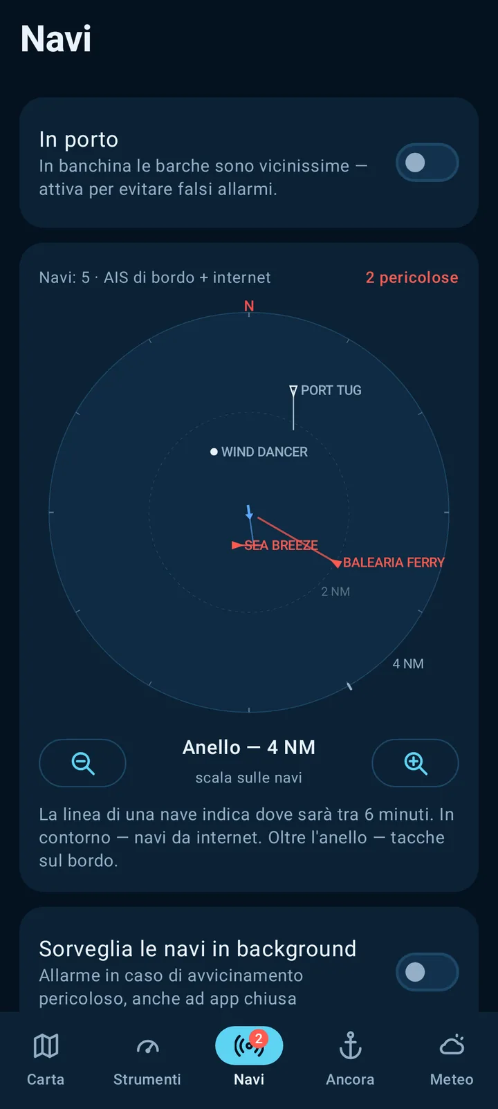 Schermata del telefono: Navi vicine
