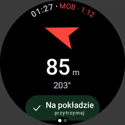 Ekran zegarka: Człowiek za burtą jednym naciśnięciem
