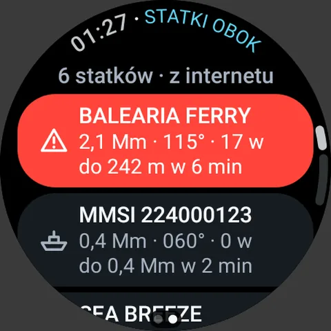 Ekran zegarka: Statki w pobliżu